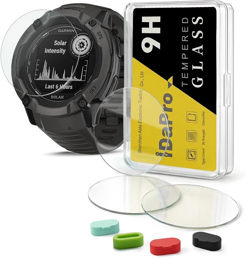 iDaPro [4+4 Pack Screen Protector for Garmin Instinct 2X Solar Tactical with Silicone Anti-dust Plugs, 9H Tempered Glass Protection Kit in Reusable Storage Case, Anti-Scratch,Bubble-Free Installation - Image 1